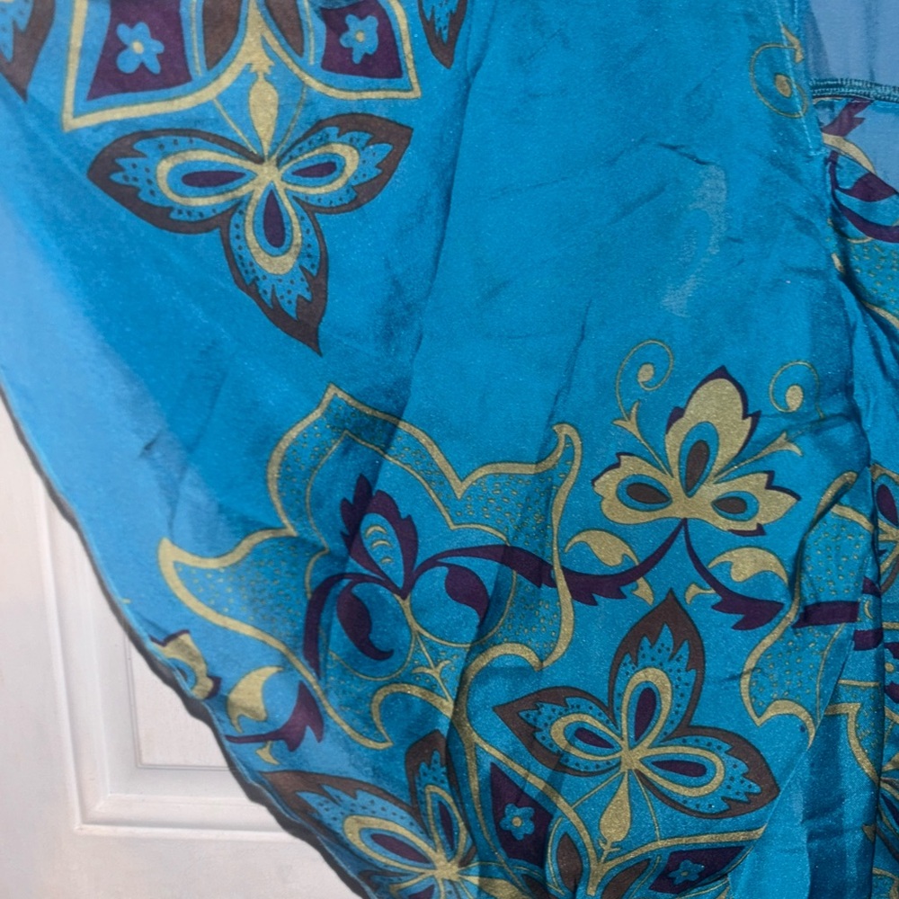 Hale Bob Teal W/ Eggplant, Brown and Taupe Floral-Print Silk Tunic. - Picture 3 of 5